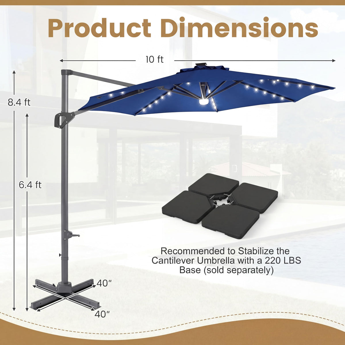 10 FT Solar LED Cantilever Patio Umbrella C8360