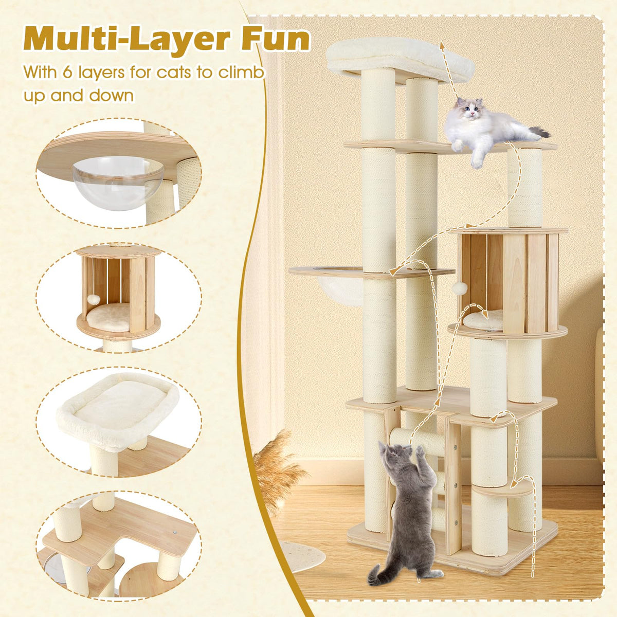 71” Tall Multi-Layer Wood Cat Tree with Scratching Posts Y9163