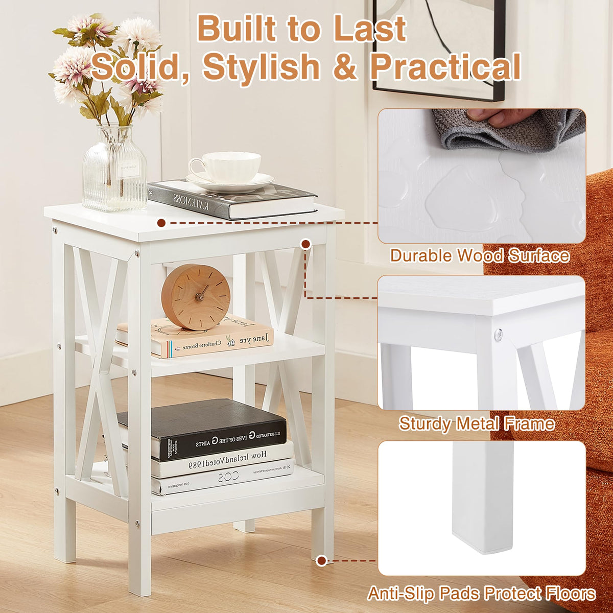 24" Tall 3-Tier Pearl White End Table Z15462