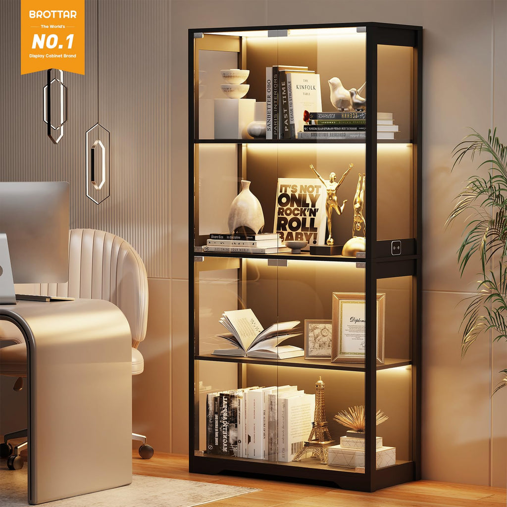 Black 4-Tier Display Cabinet with Glass Doors J29749