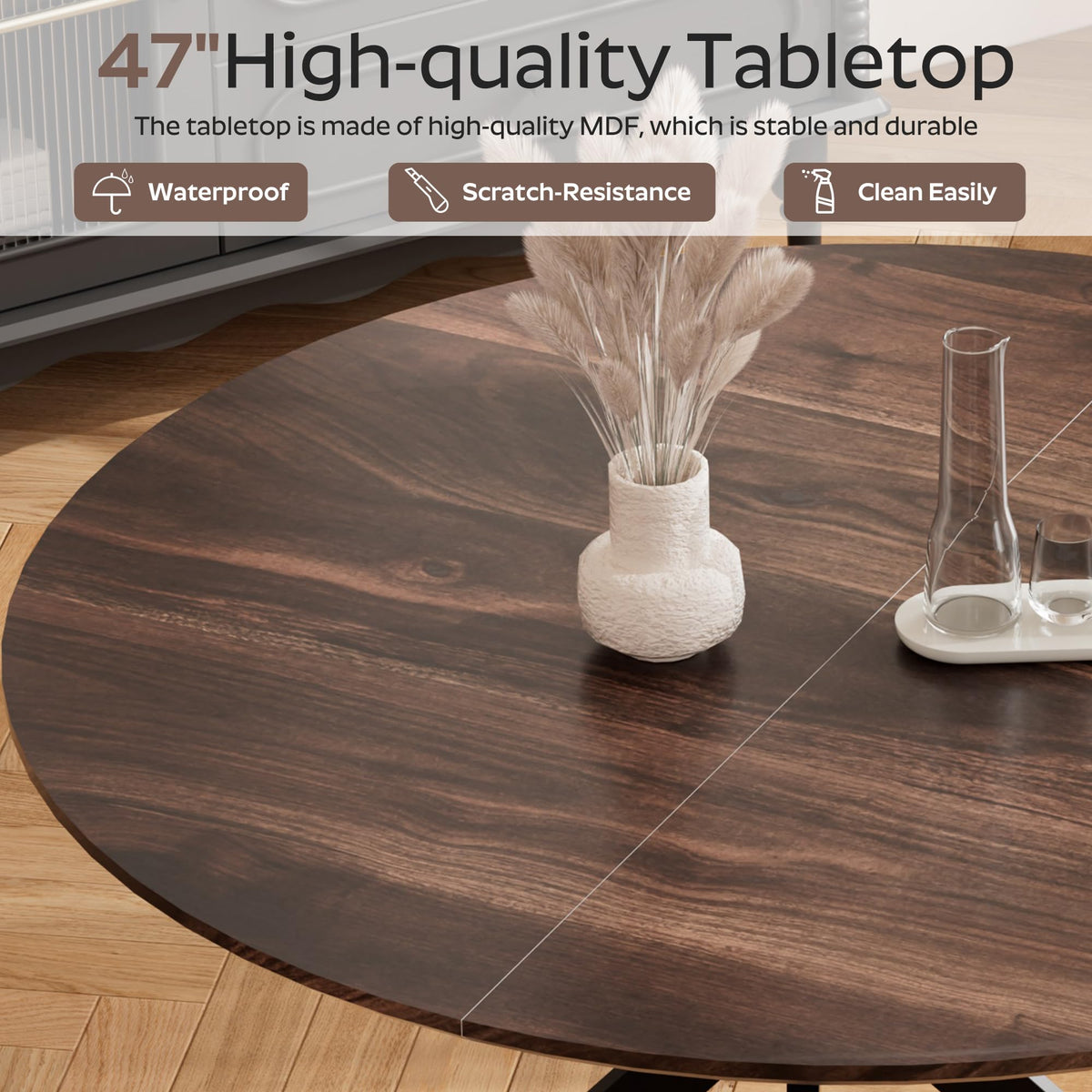 47" Walnut Round Dining Table Set for 4 with 4 Black Upholstered Chairs K95717