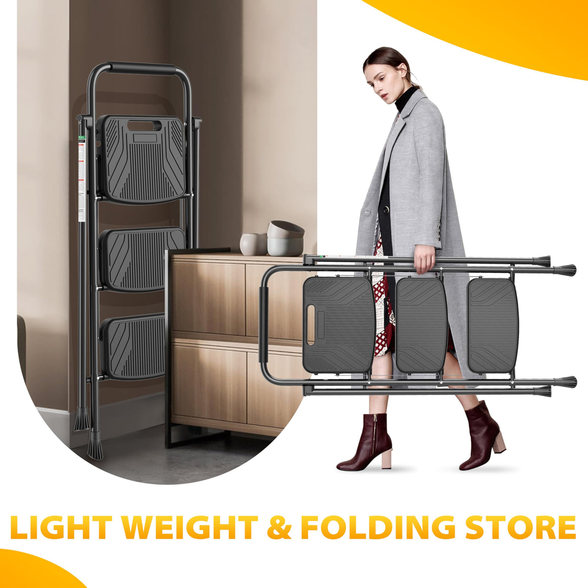 Folding Steel 3-Step Ladder with Handrail O336807