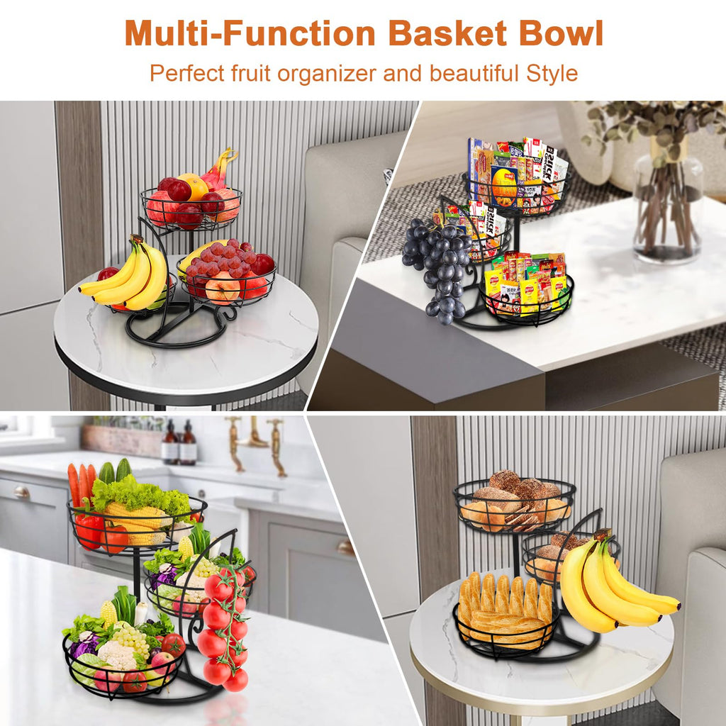 Fruit Basket Bowl with Banana Hanger, 3-Tier Metal Base D3445