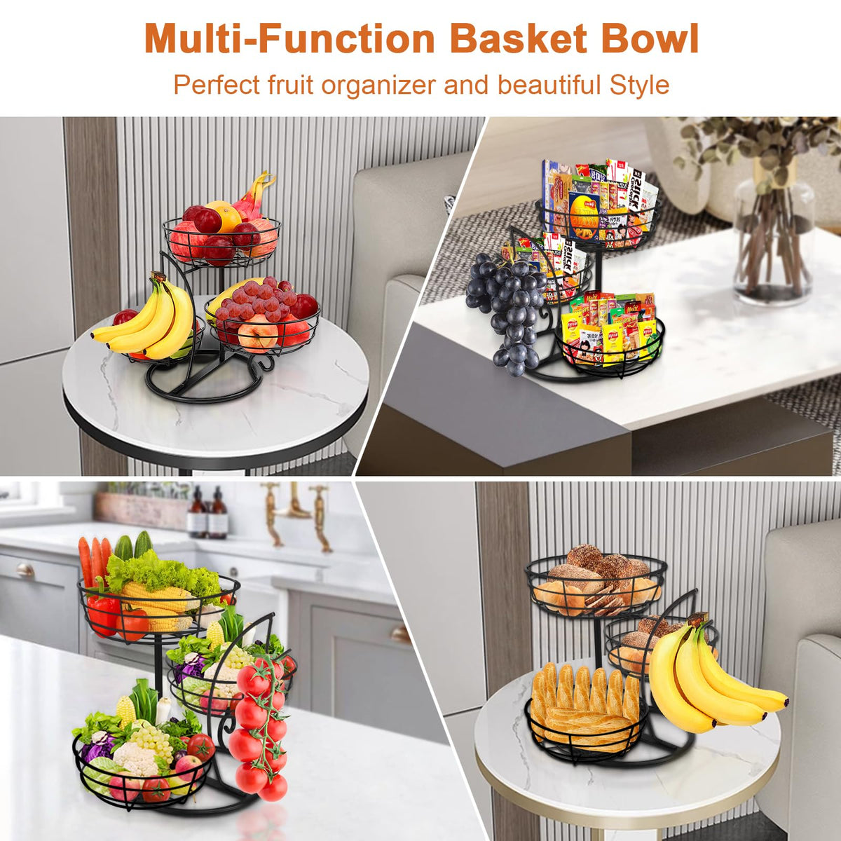 Fruit Basket Bowl with Banana Hanger, 3-Tier Metal Base D3445