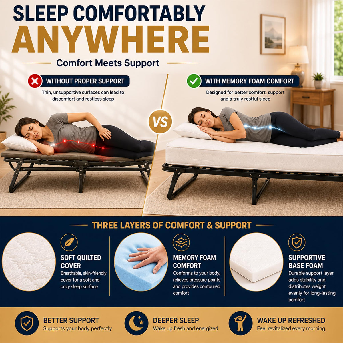 14″ High Folding Guest Bed with 3″ Memory Foam Mattress W38580