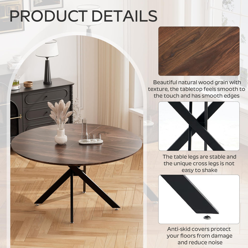 47" Walnut Round Dining Table Set for 4 with 4 Black Upholstered Chairs K95717