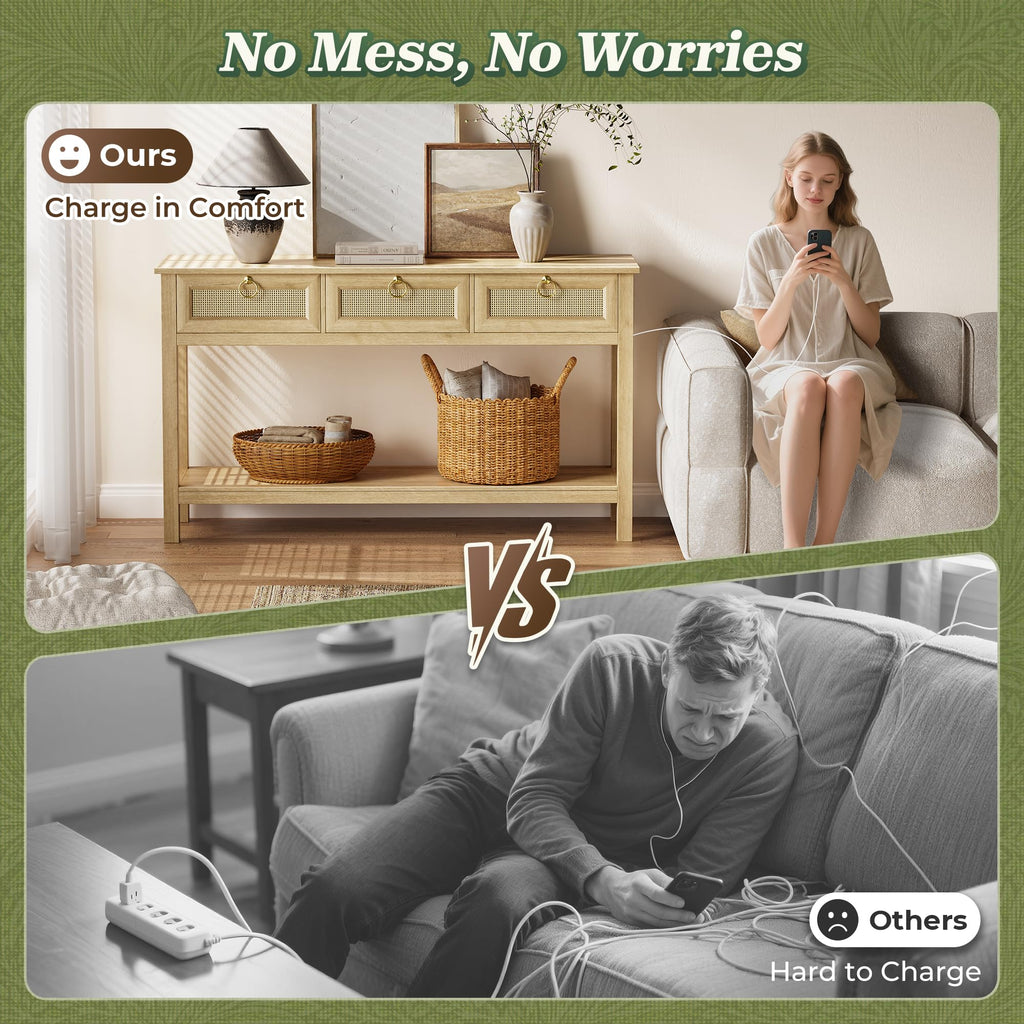 Rattan Console Sofa Table with Outlets and 3 Drawers T6523