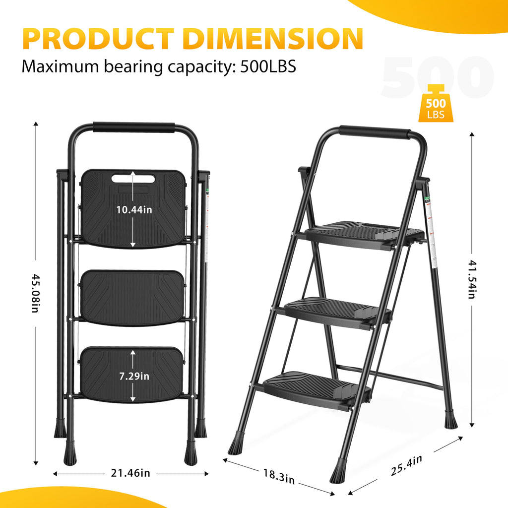 Folding Steel 3-Step Ladder with Handrail O336807