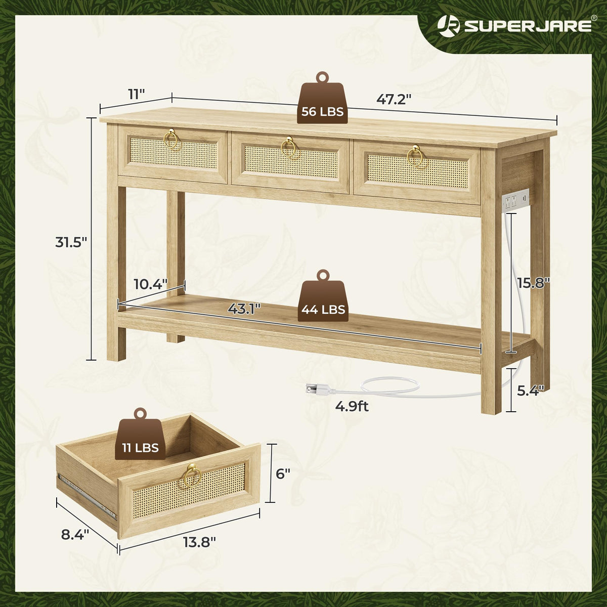 Rattan Console Sofa Table with Outlets and 3 Drawers T6523