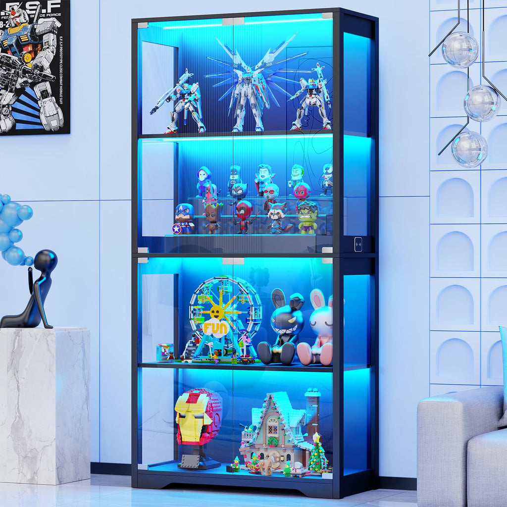 Black 4-Tier Display Cabinet with Glass Doors J29749