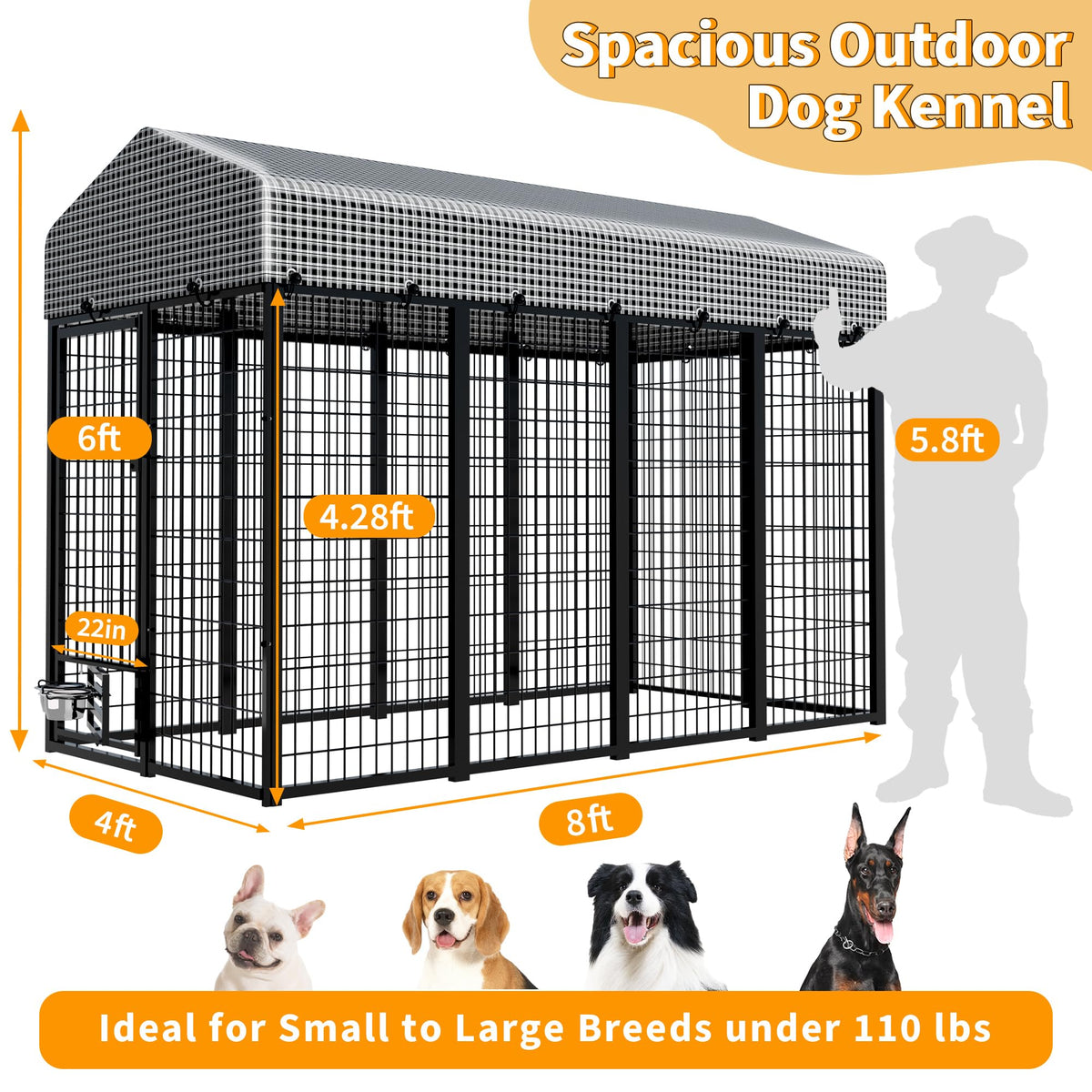 Large Heavy-Duty Dog Kennel with Roof, 4x8x6 Ft F28743