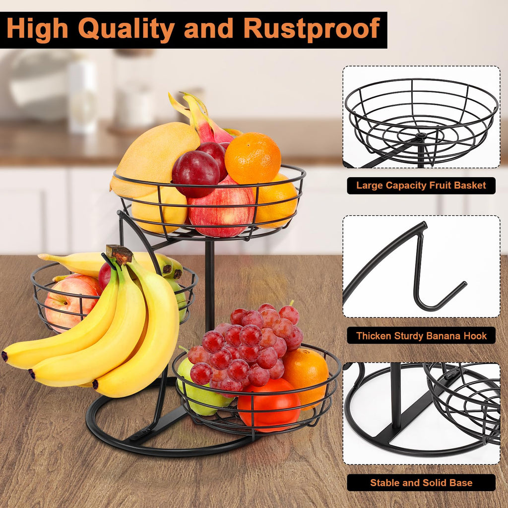 Fruit Basket Bowl with Banana Hanger, 3-Tier Metal Base D3445