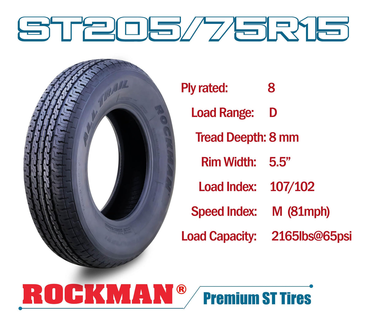 Trailer Tire Wheel ST205/75R15 8PR D 107M 5X4.5" PCD Silver Mod Rim U41913