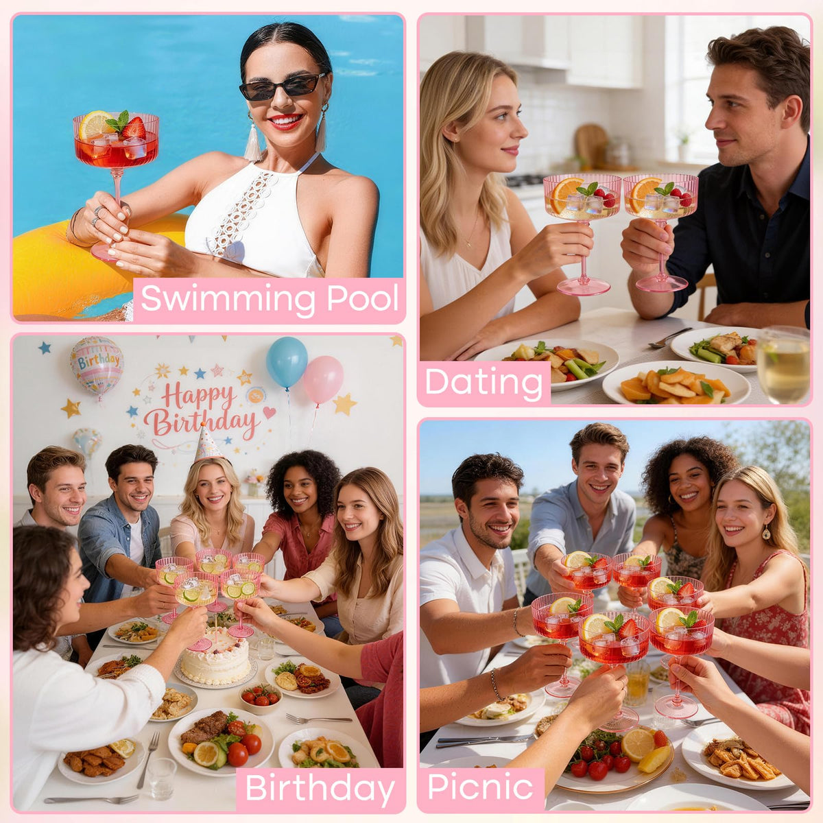 6 Pcs 10 Oz Pink Champagne Martini Glasses Set K915