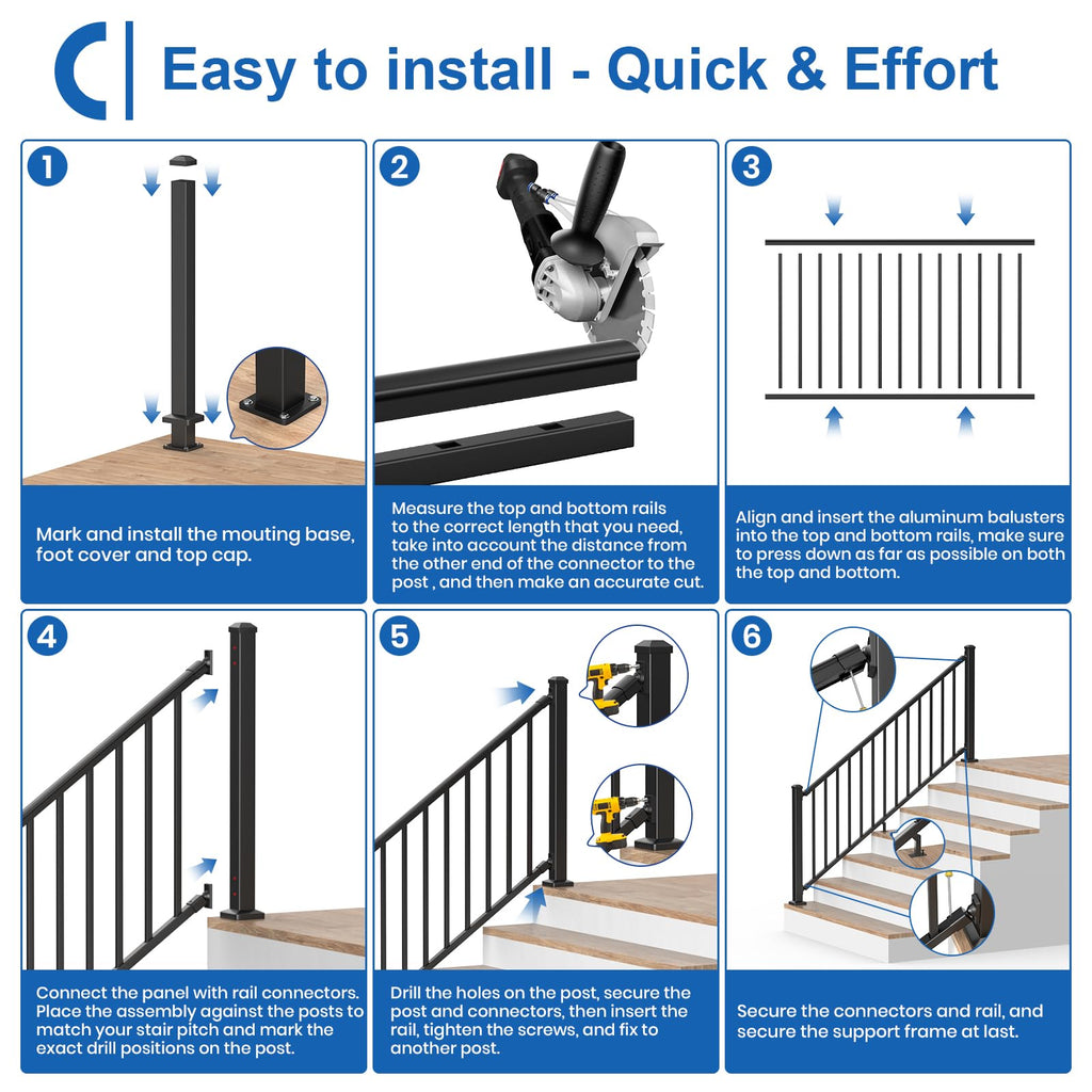 1 Pack 36 in. H x 6 ft. W Aluminum Stair Railing Kit with Post L9745