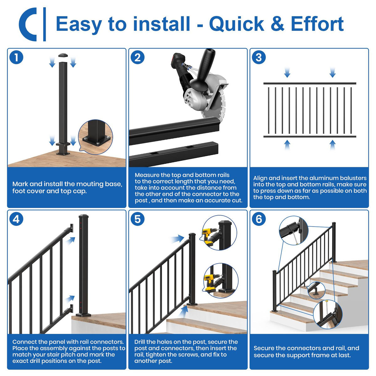1 Pack 36 in. H x 6 ft. W Aluminum Stair Railing Kit with Post L9745