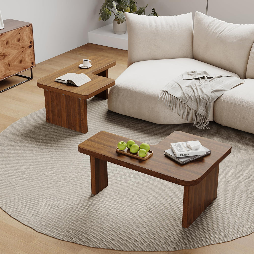 Brown Wooden L-Shape Coffee Table Set of 2 J62806