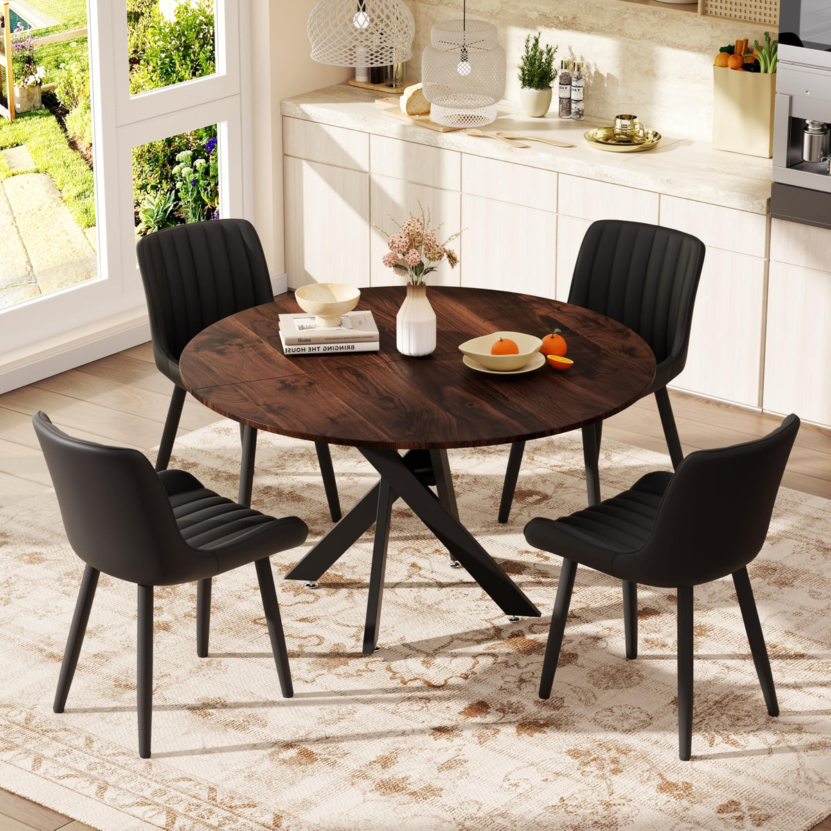 47" Walnut Round Dining Table Set for 4 with 4 Black Upholstered Chairs K95717
