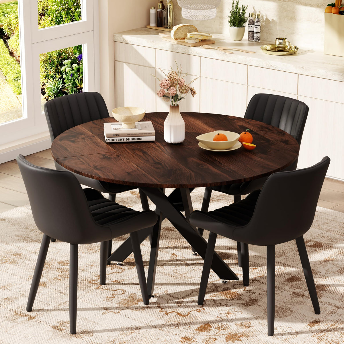 47" Walnut Round Dining Table Set for 4 with 4 Black Upholstered Chairs K95717