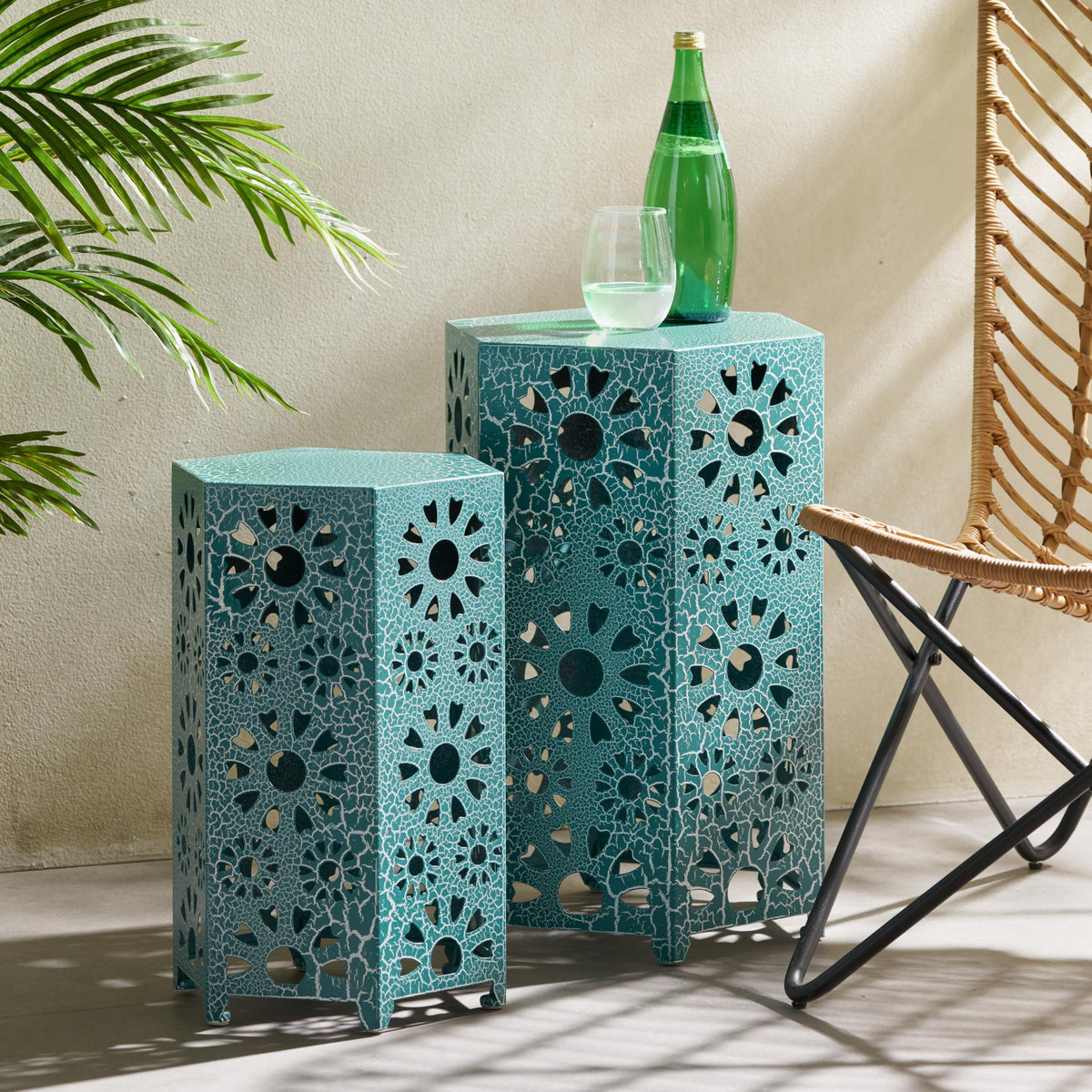 Teal Metal Garden Stool Side Table I63068