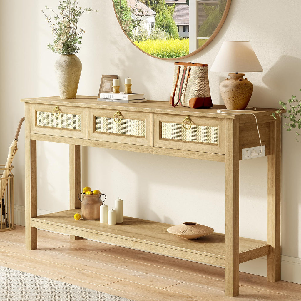 Rattan Console Sofa Table with Outlets and 3 Drawers T6523