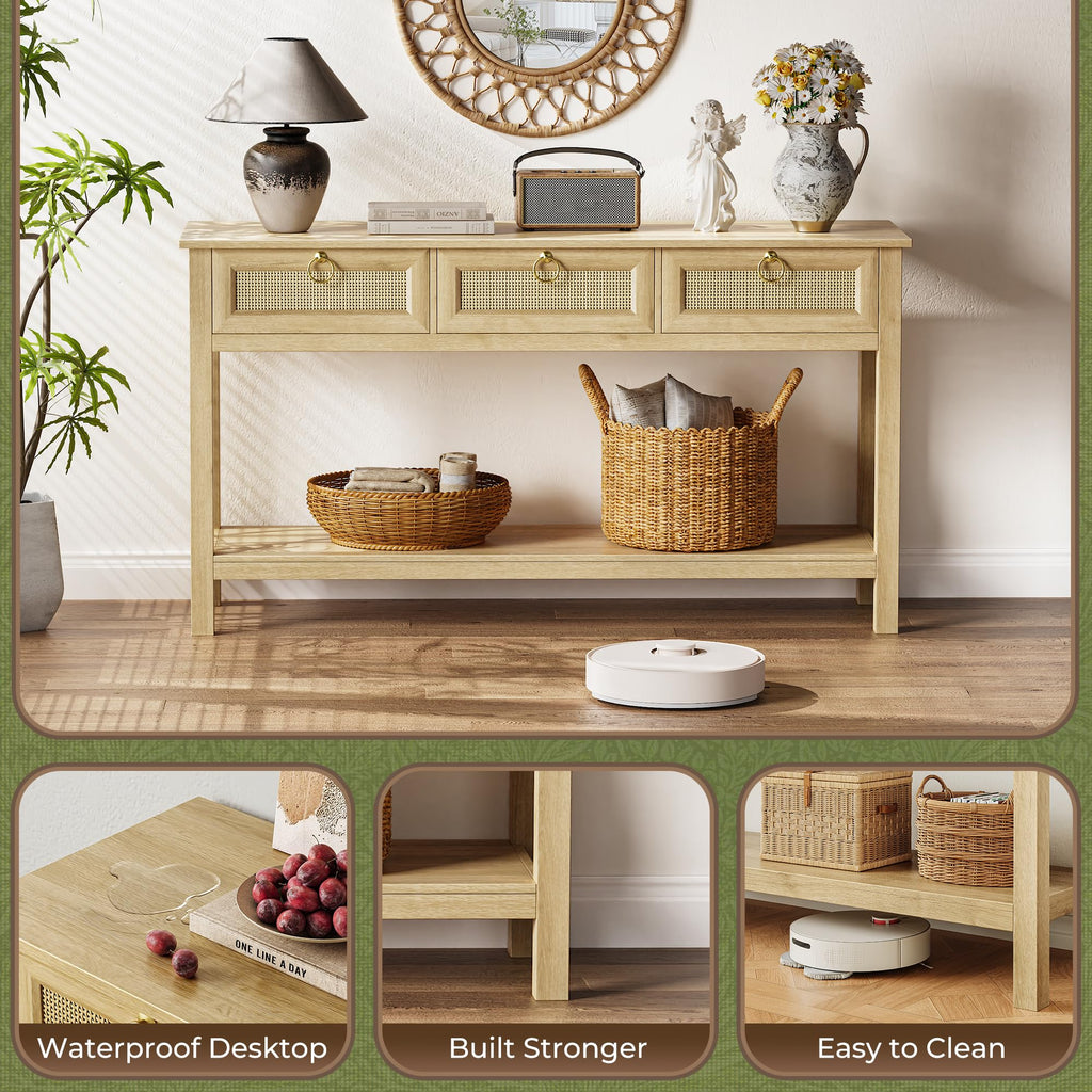 Rattan Console Sofa Table with Outlets and 3 Drawers T6523