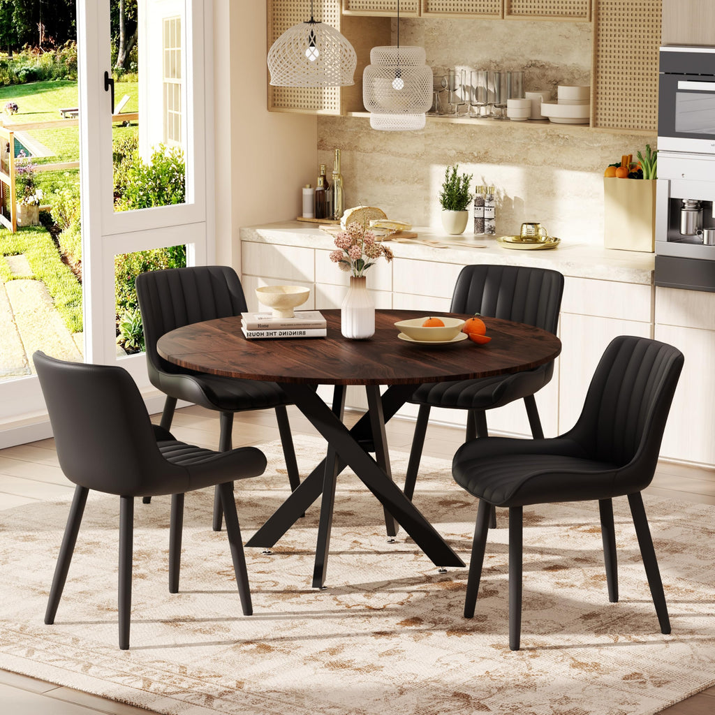47" Walnut Round Dining Table Set for 4 with 4 Black Upholstered Chairs K95717