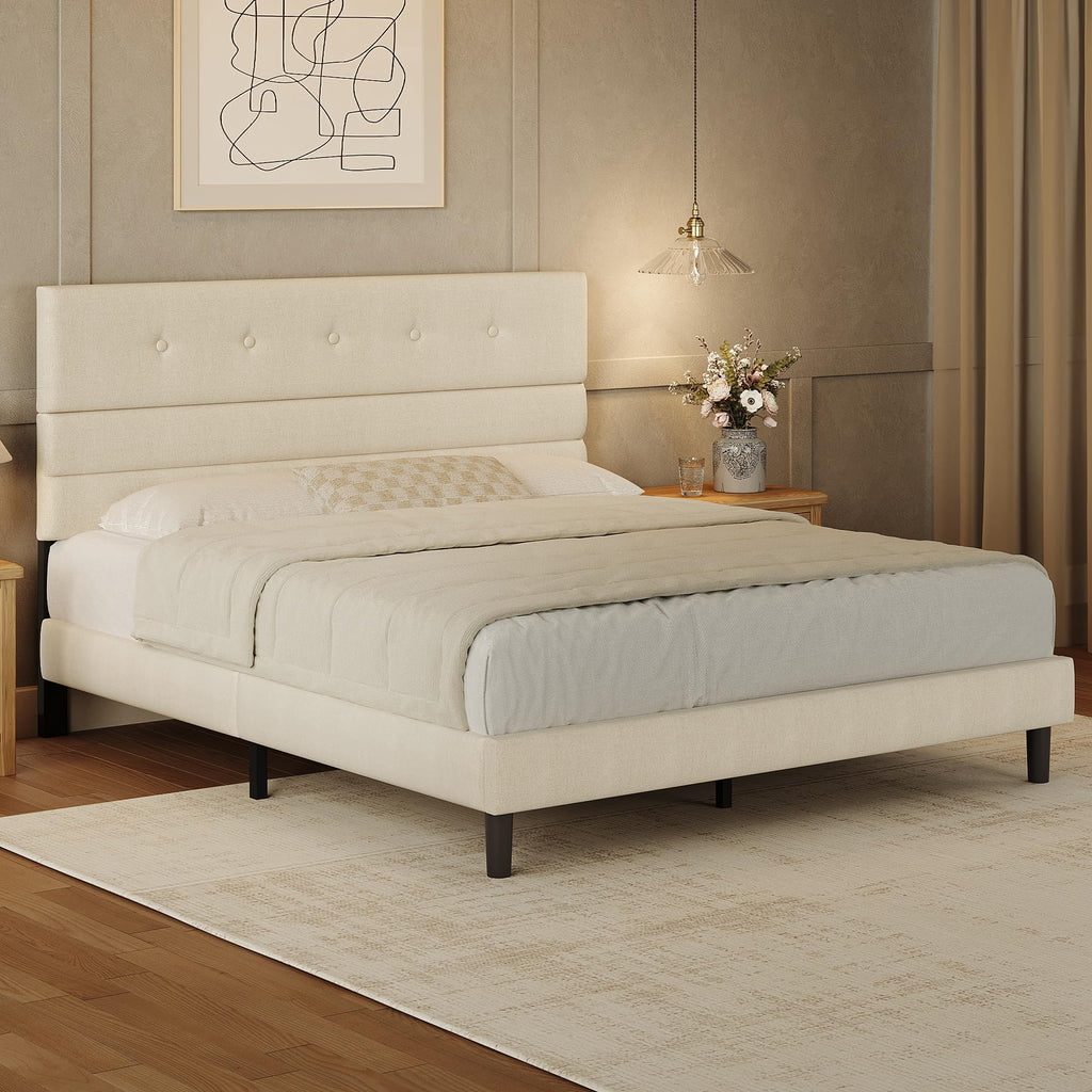 Queen Size Linen Fabric Upholstered Platform Bed Frame T275773