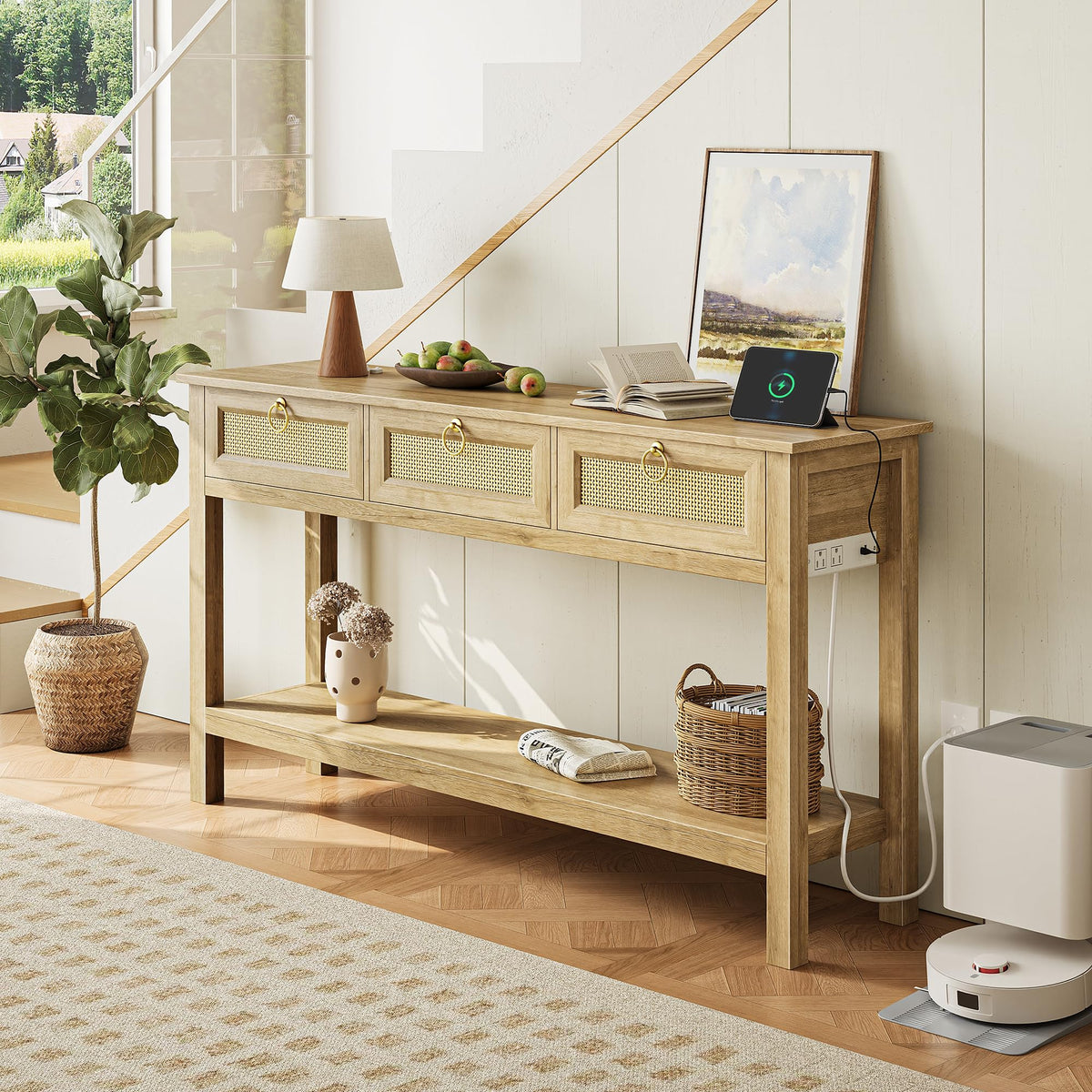 Rattan Console Sofa Table with Outlets and 3 Drawers T6523