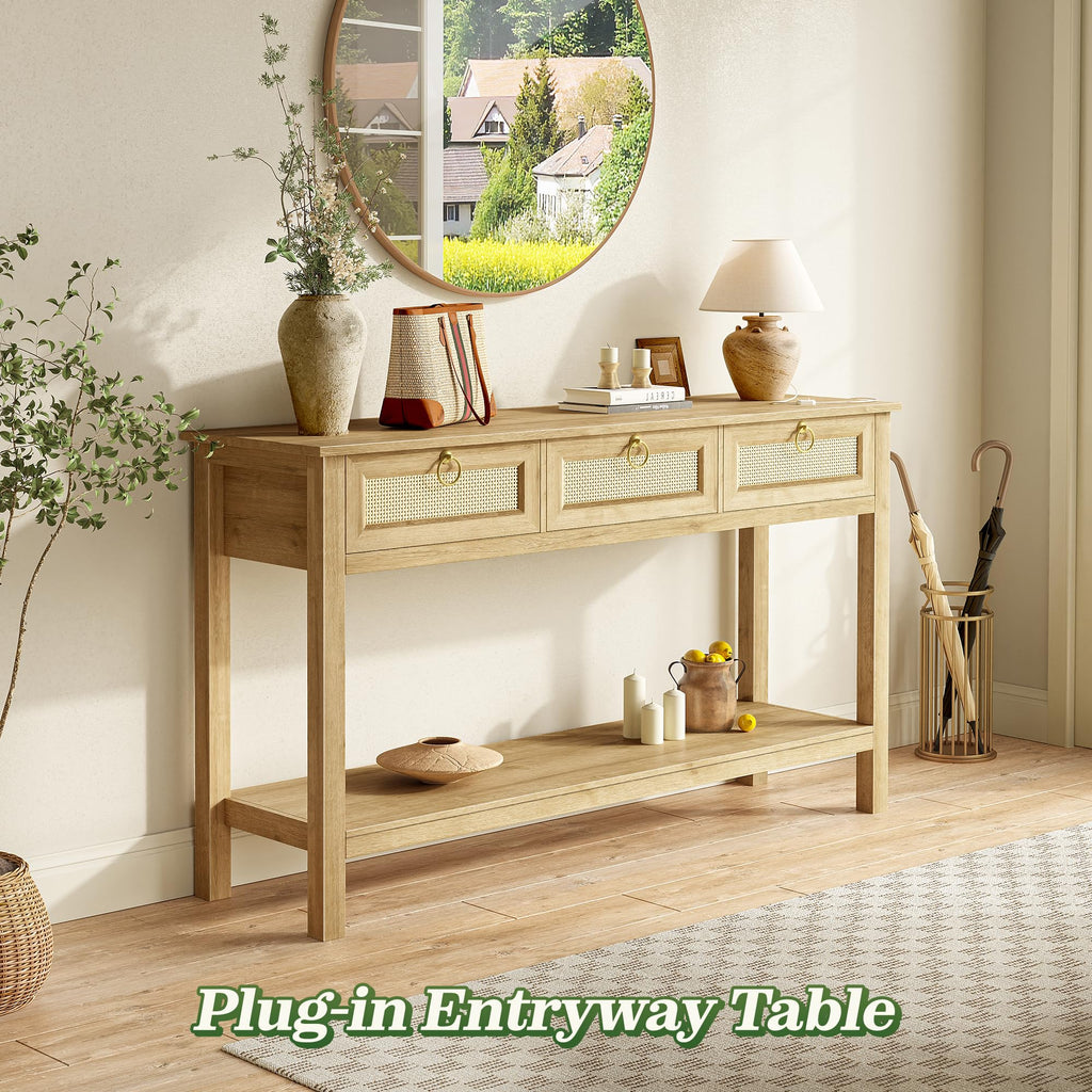 Rattan Console Sofa Table with Outlets and 3 Drawers T6523