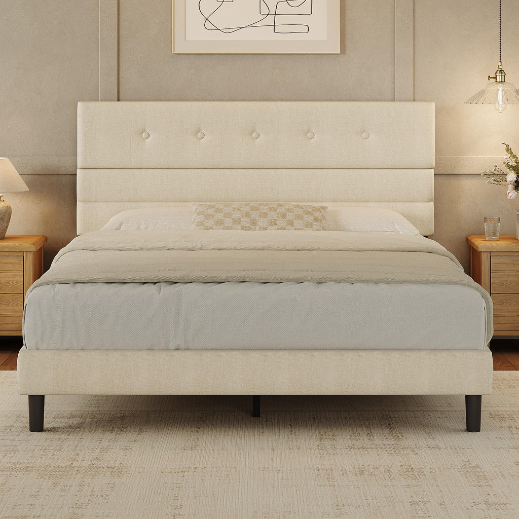 Queen Size Linen Fabric Upholstered Platform Bed Frame T275773