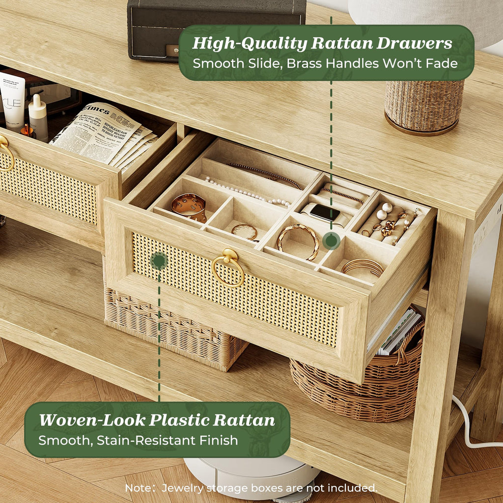 Rattan Console Sofa Table with Outlets and 3 Drawers T6523