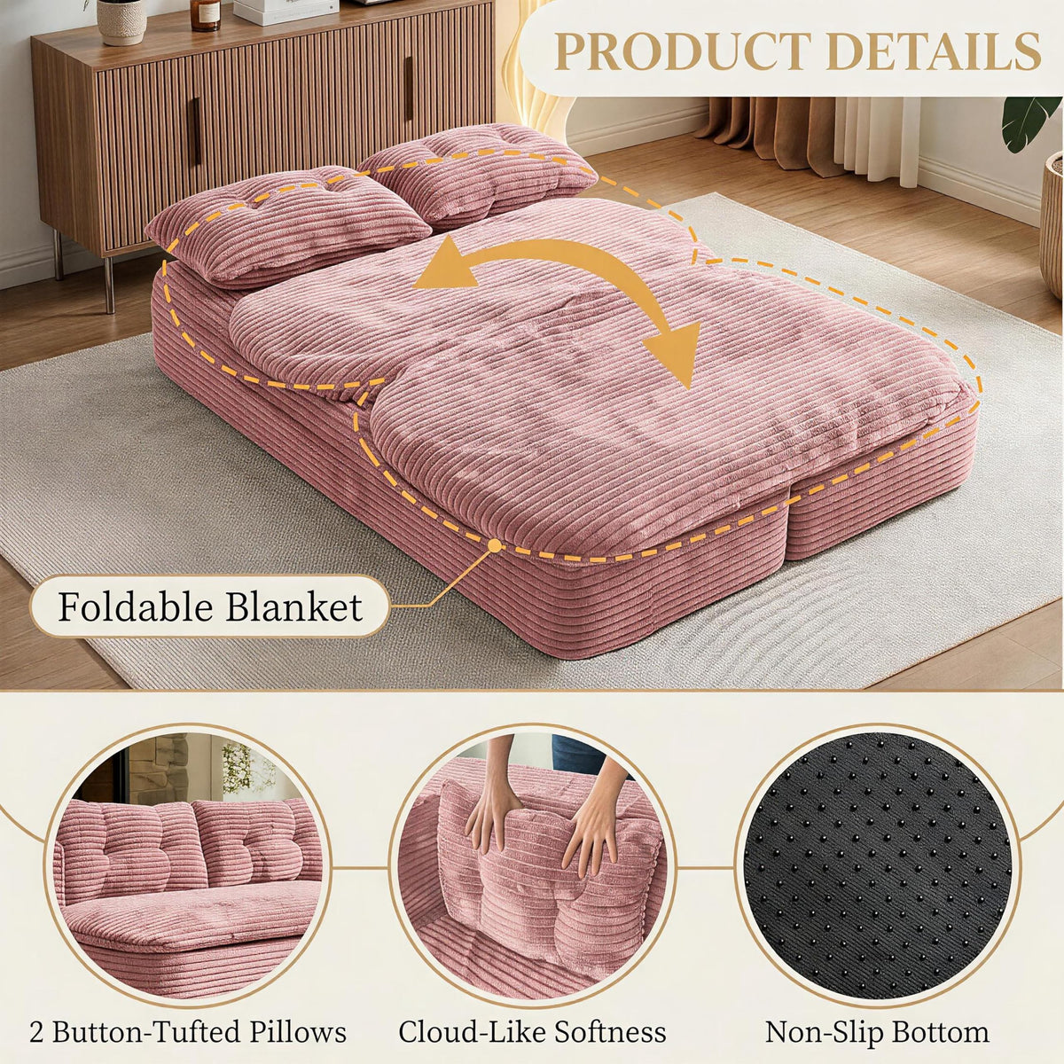 78.7" Pink Memory Foam Futon Sofa Bed X665174