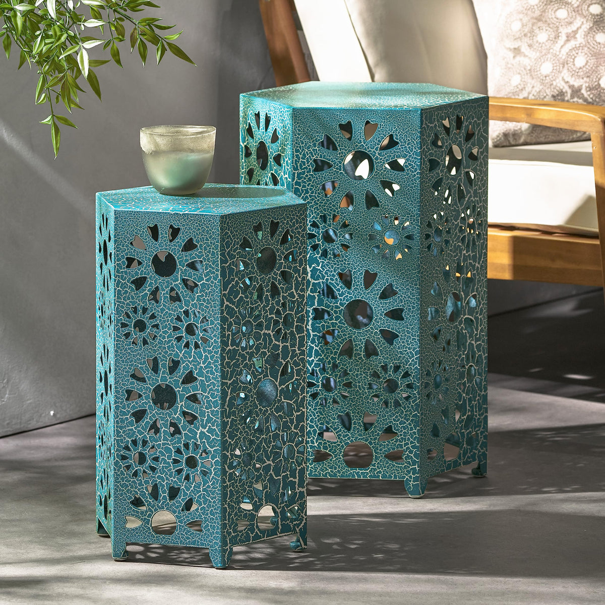 Teal Metal Garden Stool Side Table I63068