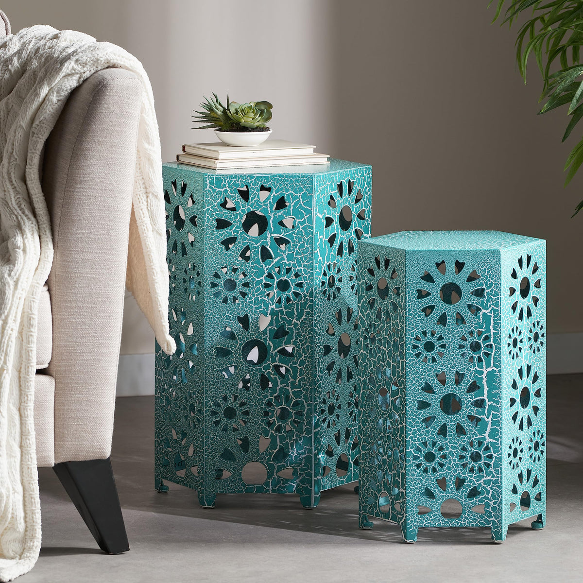 Teal Metal Garden Stool Side Table I63068